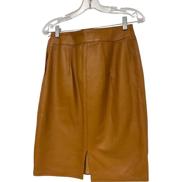 Vintage Cedars Womens Leather Skirt Size 6 Tan light Brown knee length 80s - Picture 2 of 7